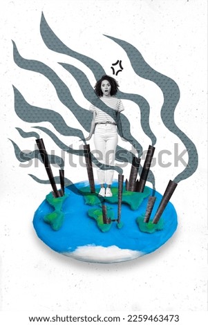 Creative retro 3d magazine collage image of impressed lady walking planet full of smog isolated painting background