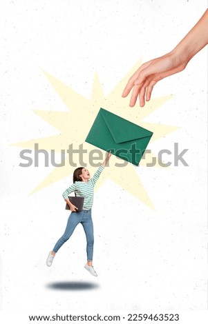 Vertical creative photo 3d collage illustration of flying funny girl jumping hold deliver green letter isolated on white color background