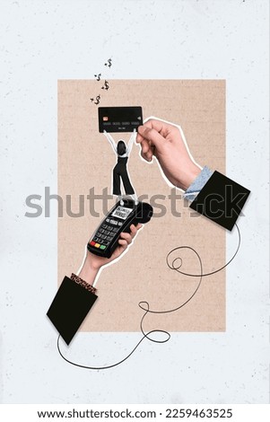 Vertical creative photo 3d collage illustration of woman holding debit plastic card wireless payment isolated on white color background