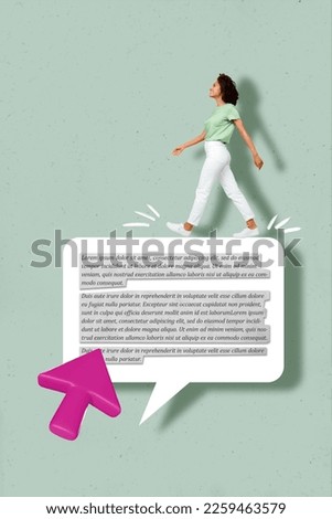 Creative photo collage artwork concept of youngster positive lady miniature walking on materials wikipedia info isolated on gray background