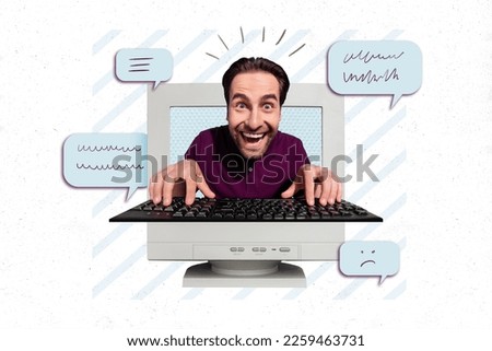 Creative magazine template image collage of crazy guy use screen pc computer typing many message popular blogger