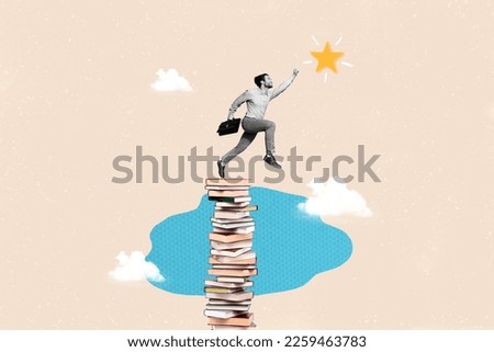 Creative banner magazine collage of jump run ambitious persistent worker man climb stack book achieve work job progress