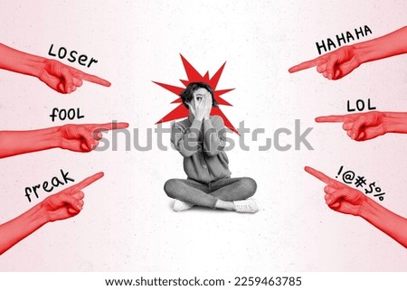 Picture retro pop collage template of scared woman try ignore hate speech people stop bullying concept Royalty-Free Stock Photo #2259463785