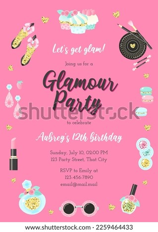 Glamour birthday party invitation template. Beautiful frame of fashion objects drawn in cartoon style. Vector illustration 10 EPS. Royalty-Free Stock Photo #2259464433