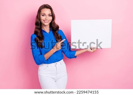 Photo of gorgeous pretty lady wear blue stylish clothes arm presenting empty space feedback novelty isolated on pink color background