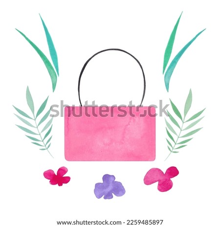 watercolor set with pink handbag, flowers and leaves. clip art