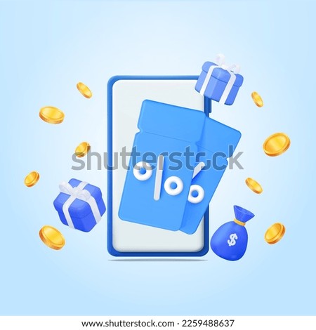 3D coupon for sale. Mobile phone with gifts and falling coins. Online sale. 3D Gift Coupon on mobile phone. Special offer promotion. Vector illustration Royalty-Free Stock Photo #2259488637
