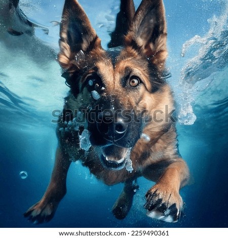 German sheperd dog is diving underwater, swimming in blue pool waters, a funny pet jumped into sea, looking into camera, front view of rescuer dog