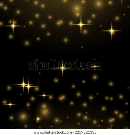 Yellow sparks glitter special blur bokeh effect. Lens flare light sparkle, shiny glittering glow stars. Sparkling magical dust particle. Star burst gold sparkles. Defocused Christmas background vector