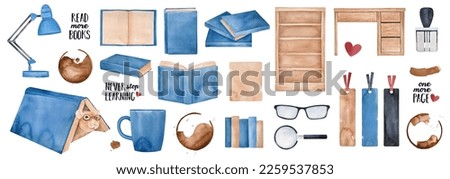 Watercolour illustration pack of reading symbols, office tools, notes and various books in light blue color. Hand drawn water colour graphic painting on white background, cut out clip art elements.