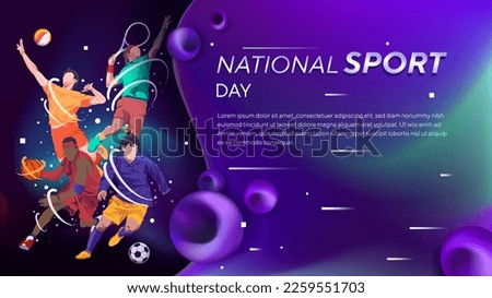 vector background, National Sports Day Celebration, dynamic background with footballers, basketball, volleyball and tennis Royalty-Free Stock Photo #2259551703