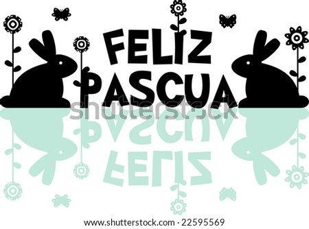 Banner of text Happy Easter with flowers, rabbits and butterflies