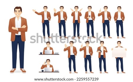 Handsome business young in casual clothes. Different poses set. Various gestures male character standing and sitting at the desk isolated vector illustration Royalty-Free Stock Photo #2259557239