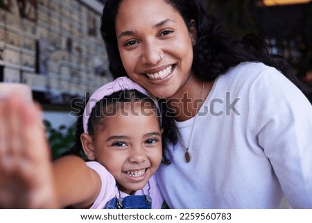 Portrait, girl and selfie of mother in home bonding, caring and having fun together. Love, family or face of mom with kid or child taking pictures or photo for social media or happy memory