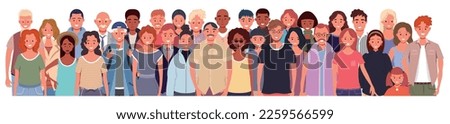 Multinational group of people isolated on white background. Children, adults and teenagers stand together. Vector illustration 
