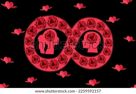 women and man flower head, infinity love, black and red love design