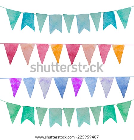 Watercolor vintage flags garlands set in vector. Party and wedding decor elements