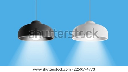 3D Black and white ceiling hanging lamp, lampshade for the interior. Modern lamps with a bright beam of light on a blue background. For use in realistic concepts. Royalty-Free Stock Photo #2259594773