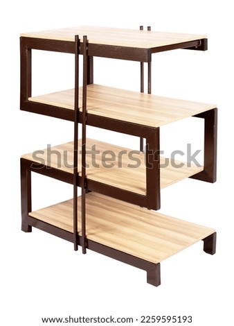 Brown metal bookcase with wooden shelves