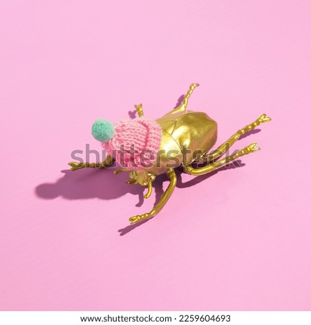 Golden bug with wool hat, creative nature inspired layout against pastel pink background. 