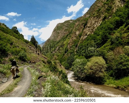 Horseback riding in Caucasus mountains in Khevsureti region of Georgia close to Ardoti village. Pshav-Khevsureti National Park.
