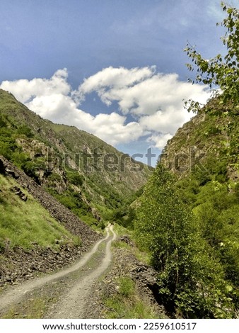 Beautiful hiking trail in Caucasus mountains in Khevsureti region of Georgia close to Ardoti village. Pshav-Khevsureti National Park.