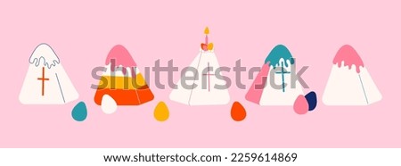 Set of Easter cakes with catholic crosses vector illustration. Pressed cottage cheese dessert and painted eggs. Hand drawn clip art elements isolated on pink