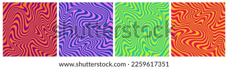 Trendy Abstract Patterns with Waves. Set of Wavy Seamless Trippy Patterns in Psychedelic Colors. Abstract Vector Swirl Backgrounds. 1970 Aesthetic Textures with Flowing Waves