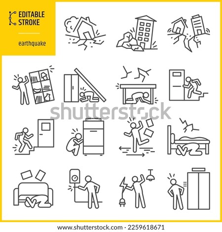 Editable stroke set of earthquake. Natural disaster, destruction, earthquake safety and emergency methods. Line thickness can be changed. Royalty-Free Stock Photo #2259618671