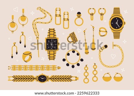 Golden jewelry set. Cartoon gold ring earrings wrist watch chain, flat elegant expensive accessories. Vector collection Royalty-Free Stock Photo #2259622333