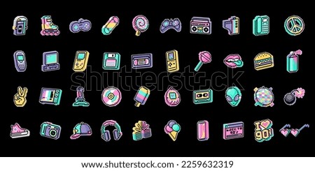 Y2K, 90s icons set. Retro pixel art style with imitation 3d. Nostalgia for the 2000 years vector stickers, patches collection Royalty-Free Stock Photo #2259632319