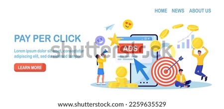 Pay Per Click concept. Advertising marketing in the internet. PPC business, CPC technology, sponsored listing. Tiny characters standing near phone screen with cursor clicking on ad button. Web search Royalty-Free Stock Photo #2259635529