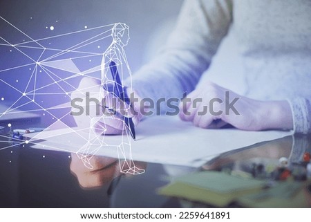 Start up creative drawing over close up hands in notepad background. Concept of brainstorming. Double exposure