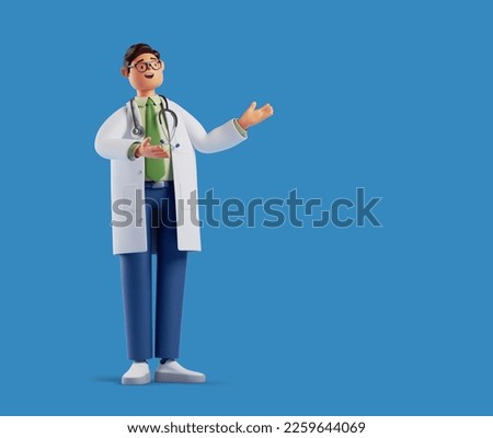 3d render, full height cartoon character, smart trustworthy doctor wears glasses, shows inviting gesture, talking. Professional specialist. Medical presentation clip art isolated on blue background