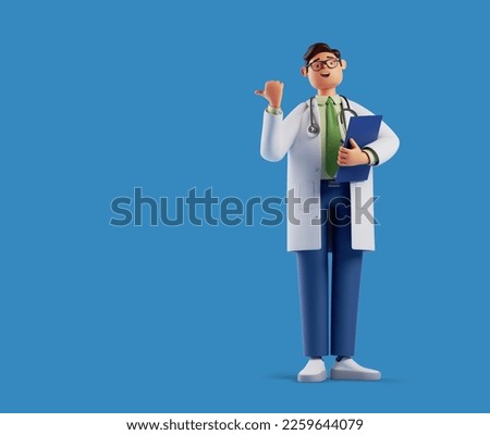 3d render, full body length cartoon character doctor. Professional medical specialist, caucasian male isolated on blue background