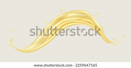 Oil splash, realistic orange or lemon juice wave, yellow liquid swirl with drops. Food advertisement with olive or sunflower oil concept. Vector illustration.