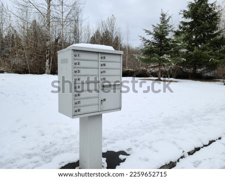 Residential area mailbox, covered in snow during winter