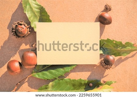 Autumn comment frame mockup with green sawtooth leaves and acorns against a backdrop of terracotta tiles