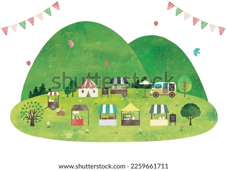 Mountains, meadows and market watercolor Royalty-Free Stock Photo #2259661711