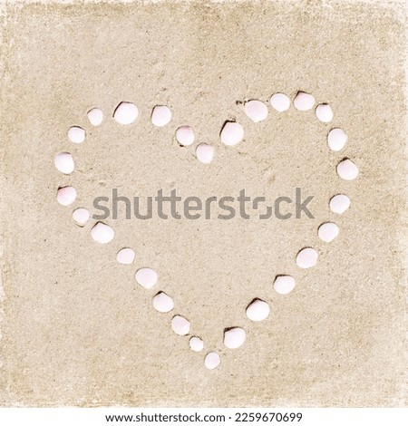 A heart made of seashells on the sand.  Beige and white beach photography.