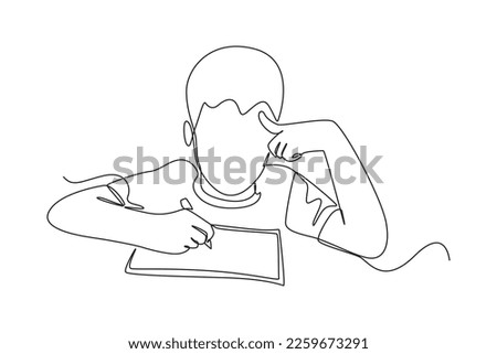 Single one line drawing Cute little boy sitting on chair writing on notebook doing his homework. Student concept. Continuous line draw design graphic vector illustration.