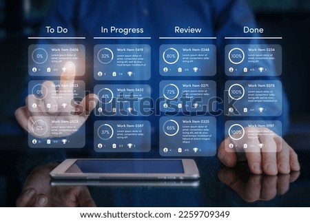 Agile software development or project management using kanban or scrum methodology boards on screen. Process, workflow, visual organisation tools and framework. Developer touching virtual interface. Royalty-Free Stock Photo #2259709349