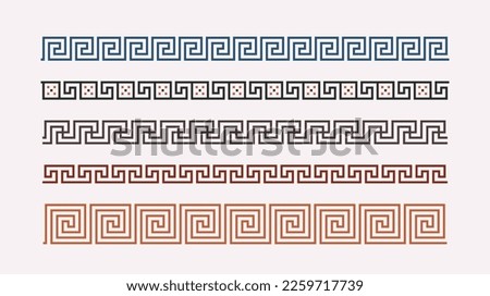 Greek key ornaments collection. Colored meander pattern set. Repeating geometric meandros motif. Greek fret design. Ancient decorative border. Vector  Royalty-Free Stock Photo #2259717739