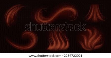 Realistic set of hot air flow effect isolated on transparent background. Vector illustration of abstract orange swirls. Symbol of infrared light beam, heat energy radiation trail, warm wind blowing Royalty-Free Stock Photo #2259723021