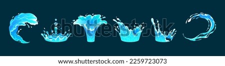 Liquid water splashes, falling aqua drops, sea or ocean waves and swirl. Blue water motion effects, flows, streams, spills and crown shape isolated on background, vector cartoon set