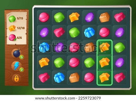 Match 3 candy game ui interface background. Vector jelly puzzle mobile app design. Set of food icon on screen with score field. Cartoon gameplay assets with bonus and booster button. Royalty-Free Stock Photo #2259723079