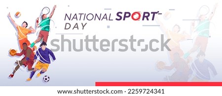 Banner template for national sports day football, basketball, tennis and volleyball background. world sports celebration Royalty-Free Stock Photo #2259724341