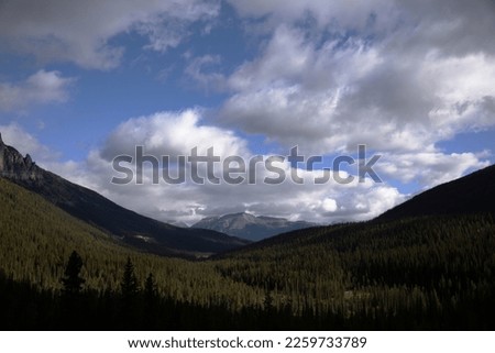 Landscape photography in the mountains near Moraine Lake, AB, Canada - beautiful forest and cloudy sky above