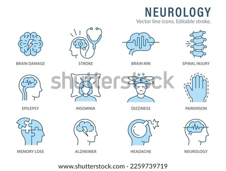Neurology icons, such as Alzheimer's disease, Parkinson, insomnia, memory impairment and more. Editable stroke. Royalty-Free Stock Photo #2259739719