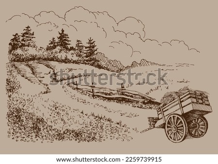 Rural scenery. Meadow, alkali, lye, grassland, pommel, lea, pasturage. Rural scenery landscape panorama of countryside pastures. Vector sketch illustration
 Royalty-Free Stock Photo #2259739915